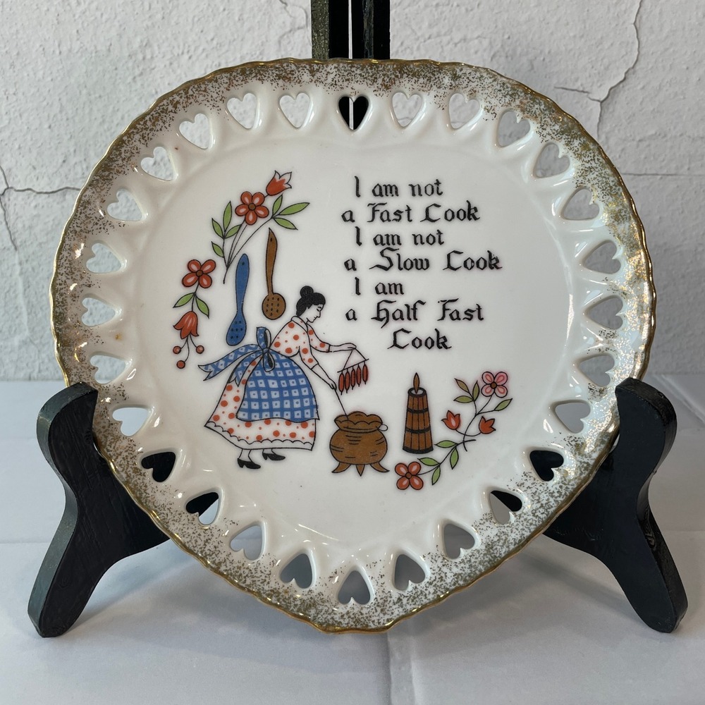 Vintage 60s Half Fast Cook Humorous Wall Plate Reticulated Heart Gold Trim Japan